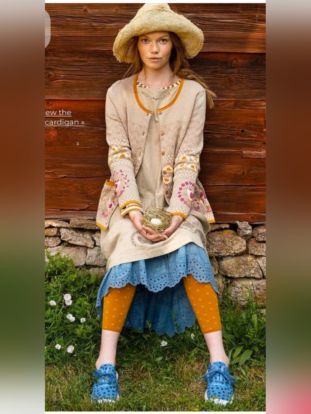 Gudrun Sjoden Embroidered Beige Cardigan with Mustard Trim